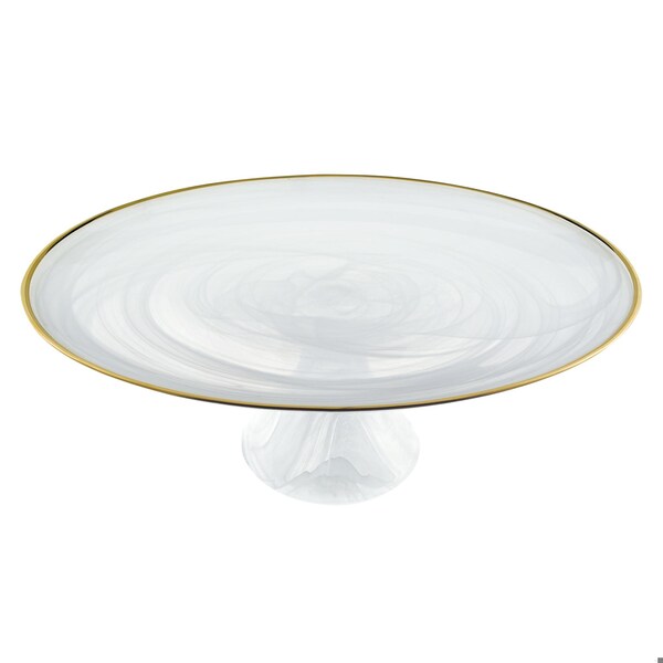 Homeroots Handcrafted Optical Glass & White Gold Footed Cakestand with Gold Rim - 376163