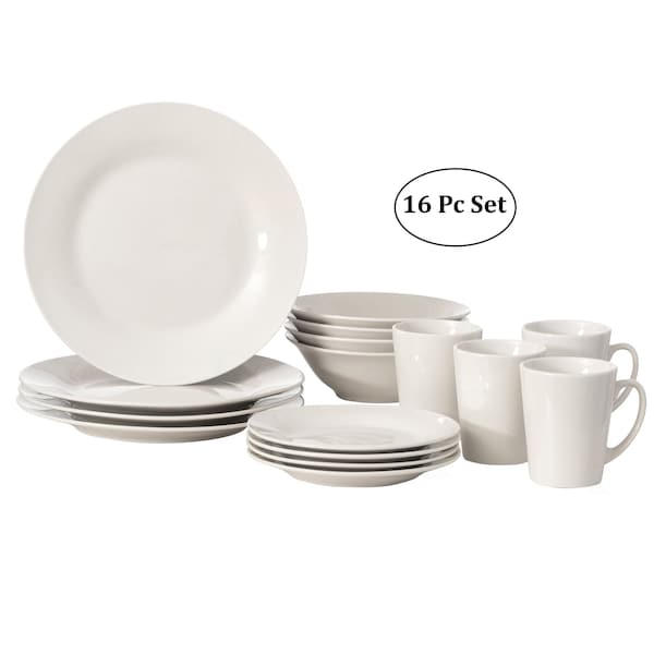 Quickway Imports 16 PC Rimmed Dinnerware Set for 4 Person - Mugs, Salad and Dinner Plates and Bowls Sets, White - QI004500