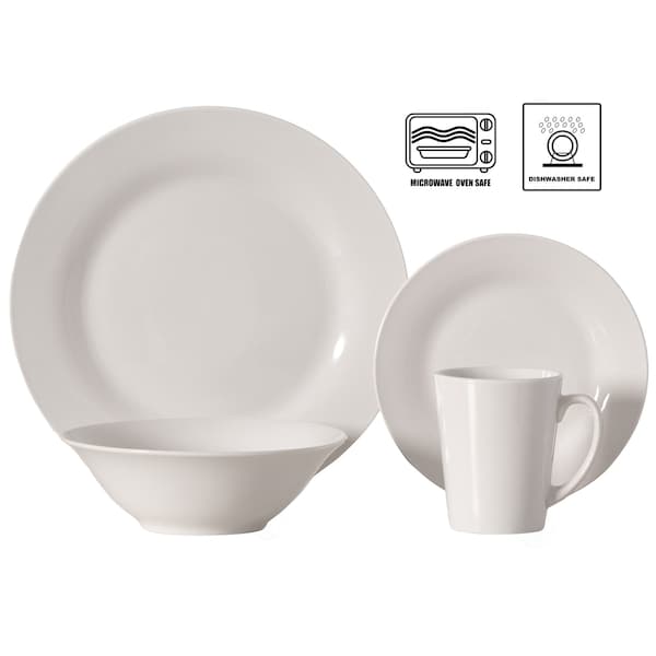 Quickway Imports 16 PC Rimmed Dinnerware Set for 4 Person - Mugs, Salad and Dinner Plates and Bowls Sets, White - QI004500