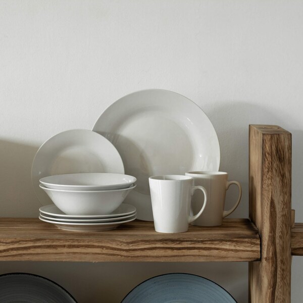 Quickway Imports 16 PC Rimmed Dinnerware Set for 4 Person - Mugs, Salad and Dinner Plates and Bowls Sets, White - QI004500