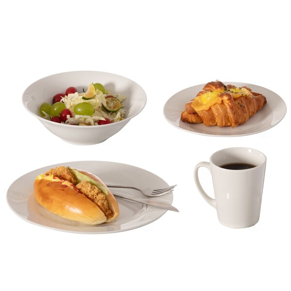 Quickway Imports 16 PC Rimmed Dinnerware Set for 4 Person - Mugs, Salad and Dinner Plates and Bowls Sets, White - QI004500