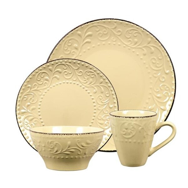 Lorren Home Trends Lorren Home Trends LH529 16 Piece Stoneware Scroll Dinnerware Set; Yellow - LH529