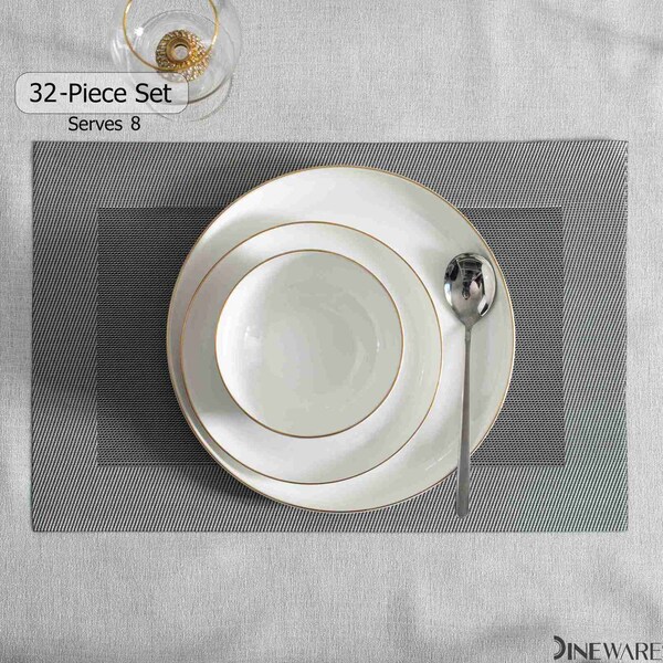 Dinewares Perlaceo Luxurious Collection of 32-Piece White with Gold Rim Bone China Dinnerware Set - - QI004761.32