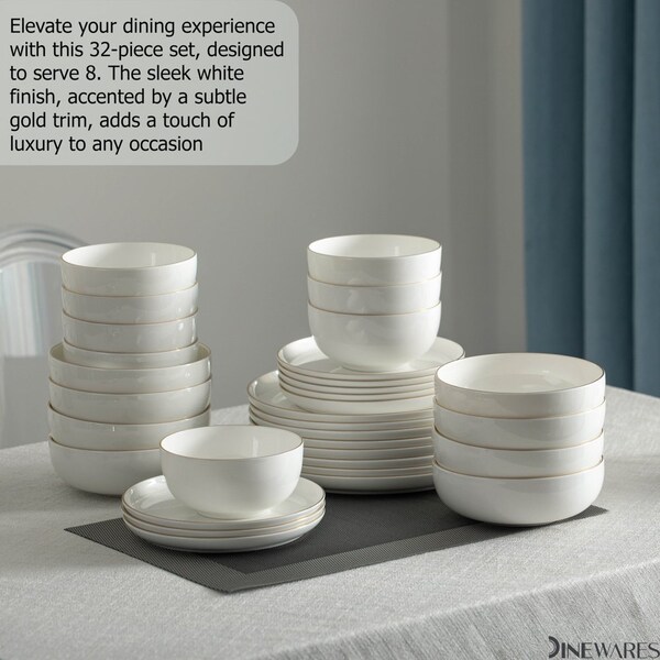 Dinewares Perlaceo Luxurious Collection of 32-Piece White with Gold Rim Bone China Dinnerware Set - - QI004761.32