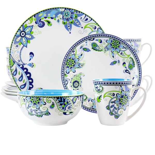 Elama Round Porcelain Dinnerware Set, Blue Fiesta - 16 Piece - ELM-BLUEFIESTA16