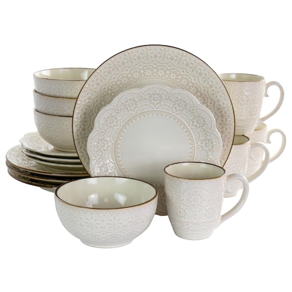 Elama Countess Embossed Double Bowl Stoneware Dinnerware Set in Ivory - 16 Piece - EL-COUNTESS