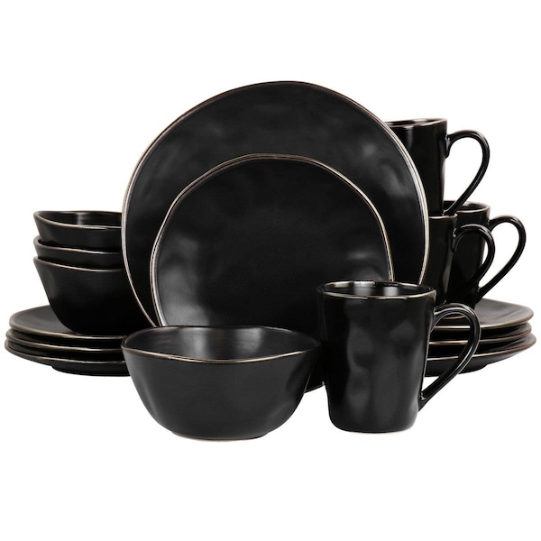 Fastfood Modern Stoneware Dinnerware Set with Gold Rim, Matte Black - 16 Piece - FA2614929