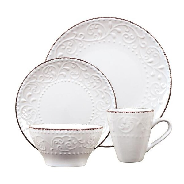 Lorren Home Trends Lorren Home Trends LH524 16 Piece Stoneware Scroll Dinnerware Set; White - LH524