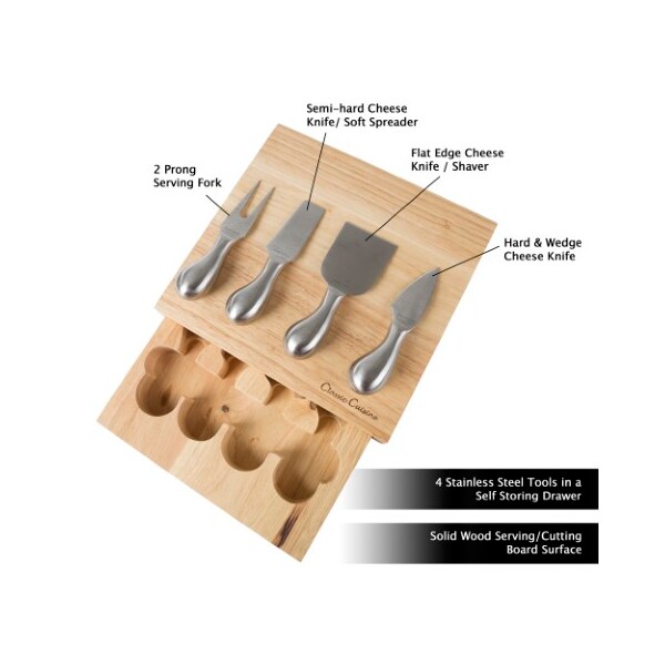 Hastings Home Cheese Board 5-piece Set with Stainless Steel Tools and Wood Cutting Block for Daily Use, 8.6 x 8.25 - 185022ADC
