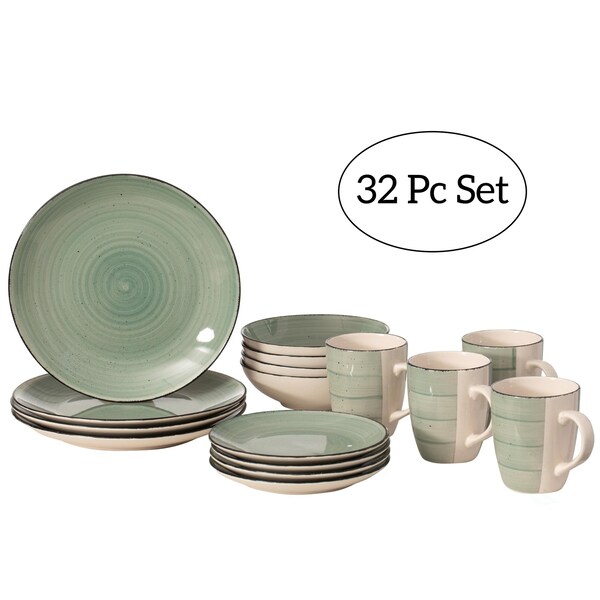 Dinewares 32 PC Spin Wash Dinnerware Dish Set for 8 Person, Mugs, Salad and Dinner Plates and Bowls - QI004502.GN.2