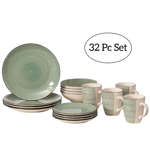 Dinewares 32 PC Spin Wash Dinnerware Dish Set for 8 Person, Mugs, Salad and Dinner Plates and Bowls - QI004502.GN.2
