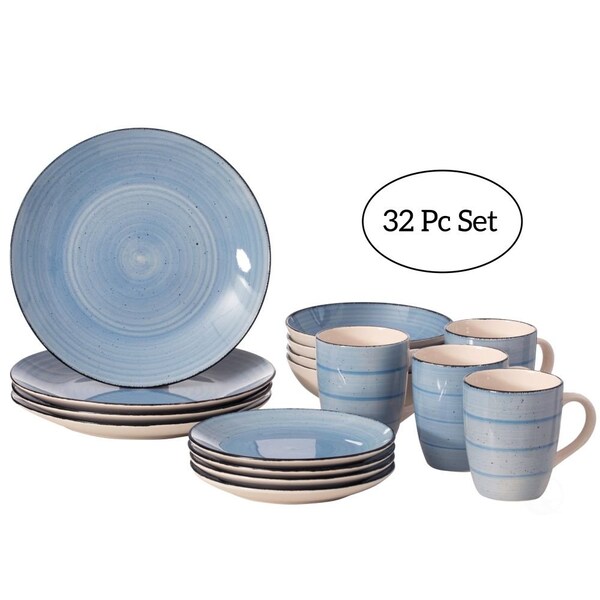 Dinewares 32 PC Spin Wash Dinnerware Dish Set for 8 Person, Mugs, Salad and Dinner Plates and Bowls - QI004502.BL.2