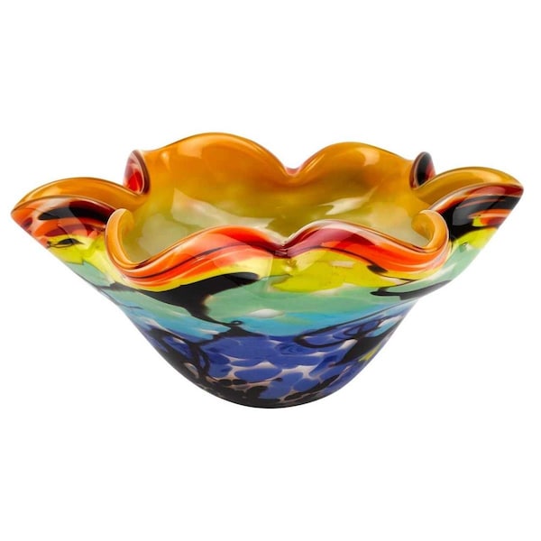 Palacedesigns 8.5 in. Mouth Blown Art Glass, Wavy Inch Centerpiece or Candy Bowl - Multicolor - PA3090698