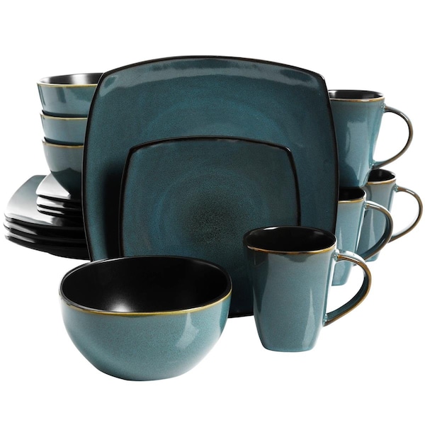 Gibson Home 16 Piece Soho Lounge Soft Square Dinnerware Set, Teal Green - 102534.16RM