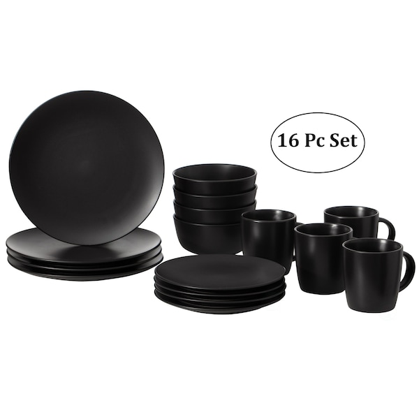 Dinewares 16 PC Dinnerware Dish Set for 4 Person - Mugs, Salad and Dinner Plates and Bowls Sets, Matte Black - QI004501