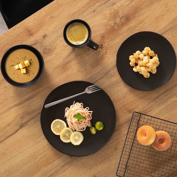 Dinewares 16 PC Dinnerware Dish Set for 4 Person - Mugs, Salad and Dinner Plates and Bowls Sets, Matte Black - QI004501