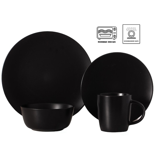 Dinewares 16 PC Dinnerware Dish Set for 4 Person - Mugs, Salad and Dinner Plates and Bowls Sets, Matte Black - QI004501