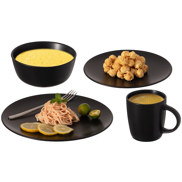 Dinewares 16 PC Dinnerware Dish Set for 4 Person - Mugs, Salad and Dinner Plates and Bowls Sets, Matte Black - QI004501