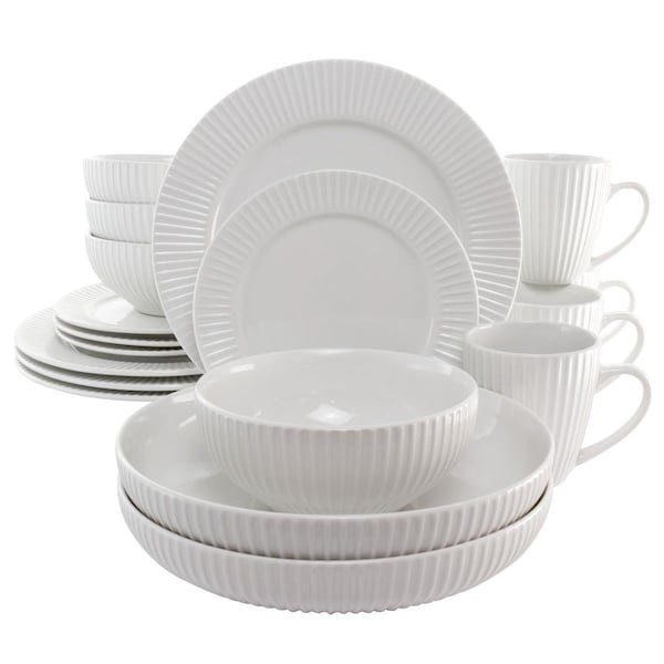 Fastfood 18 Piece Elle Porcelain Dinnerware Set with 2 Large Serving Bowls, White - FA1810727