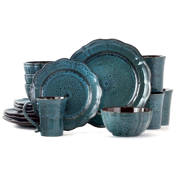 Elama 16 Piece Lavish Dinnerware Set with Complete Set - Blue, 4PK - EL-LAVISHBLUE16