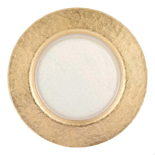 Homeroots 13 in. Hand Crafted Gold Glass Authentic Leaf Round Charger Plate - 375871
