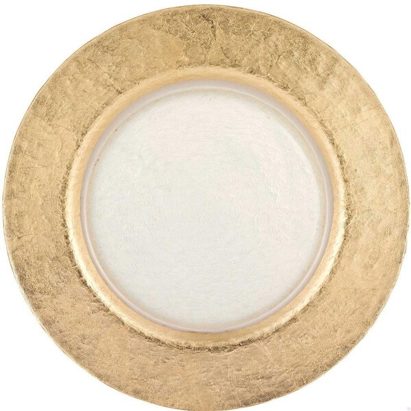 Homeroots 13 in. Hand Crafted Gold Glass Authentic Leaf Round Charger Plate - 375871
