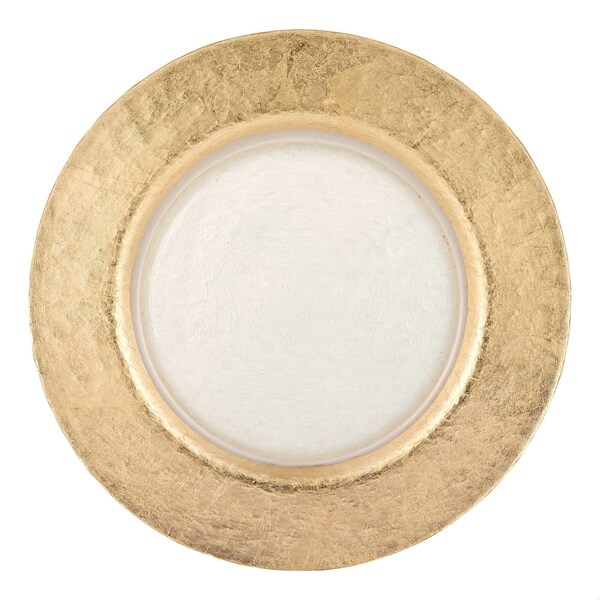Homeroots 13 in. Hand Crafted Gold Glass Authentic Leaf Round Charger Plate - 375871