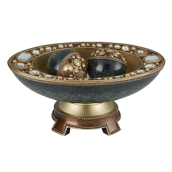 Ore Furniture 8.25 in. Sedona Marbelized Green Gold Footed Decor Bowl with Spheres - K-4297B