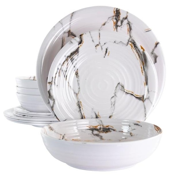 Elama Elama EL-FINESCULPTURE 12 Piece Fine Sculpture Lightweight Melamine Dinnerware Set; White - EL-FINESCULPTURE