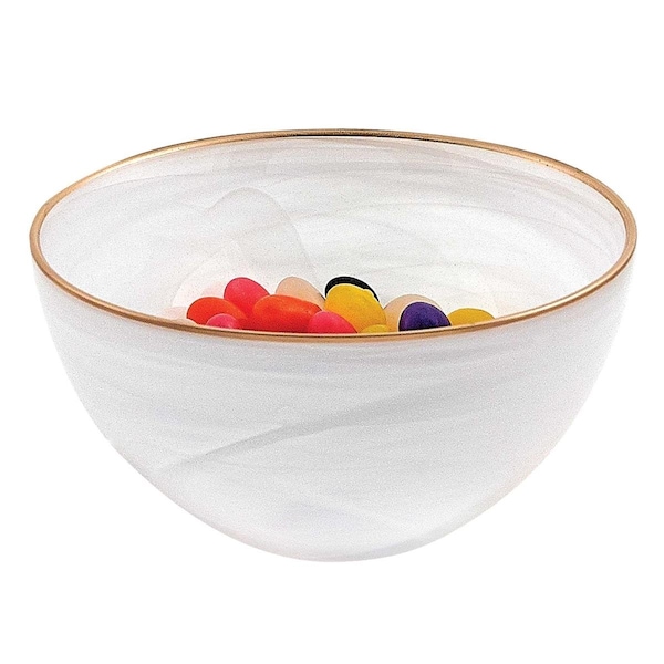 Homeroots 6 in. Hand Crafted White Gold Glass Bowl with Gold Rim - 375869