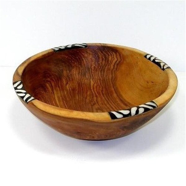 Jedando Handicrafts Handcarved Olive Wood Bowl 9 in. with Inlaid Bone - KWFR10BI-554016