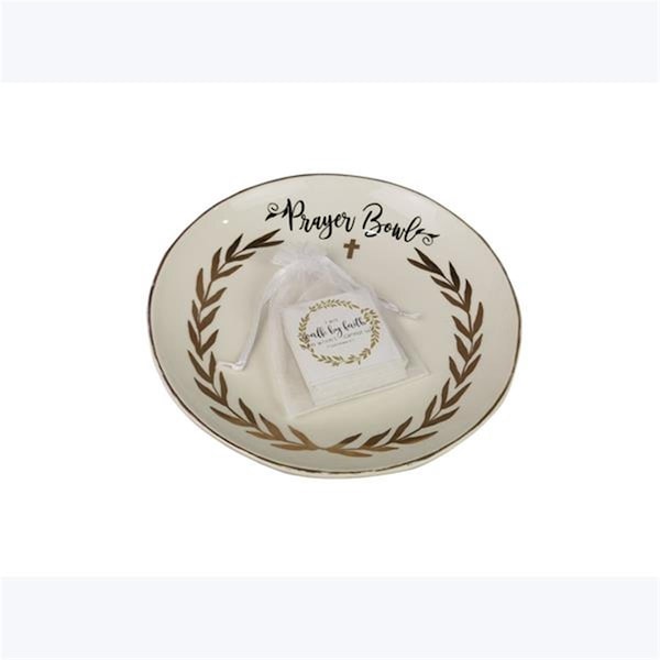 Youngs Ceramic Golden Faith Prayer Bowl with 40 Prayer Cards - 10055