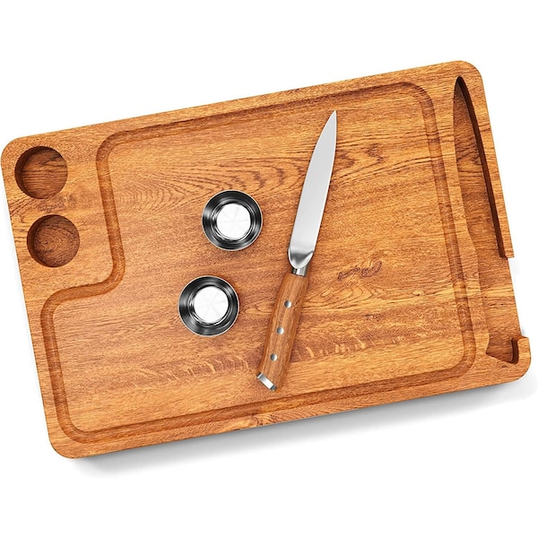 Yukon Glory Premium 100% Acacia Steak Board with Juice Groove, Steak Knife, and Condiment Cups - YG-600
