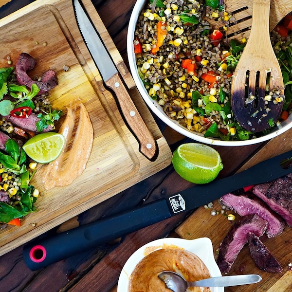 Yukon Glory Premium 100% Acacia Steak Board with Juice Groove, Steak Knife, and Condiment Cups - YG-600