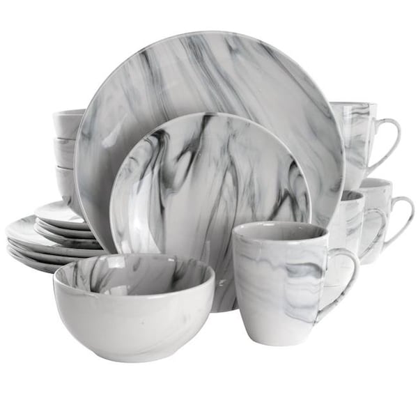 Elama Elama EL-FINEMARBLE 16 Piece Fine Marble Stoneware Dinnerware Set; Black & White - EL-FINEMARBLE
