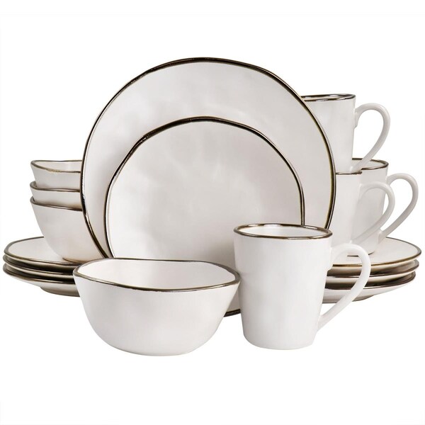 Elama Modern Stoneware Dinnerware Set with Gold Rim, Matte White - 16 Piece - ELM-CHRISTIAN16