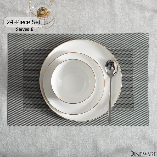 Dinewares Perlaceo Luxurious Collection of 24-Piece White with Gold Rim Bone China Dinnerware Set - - QI004761.24