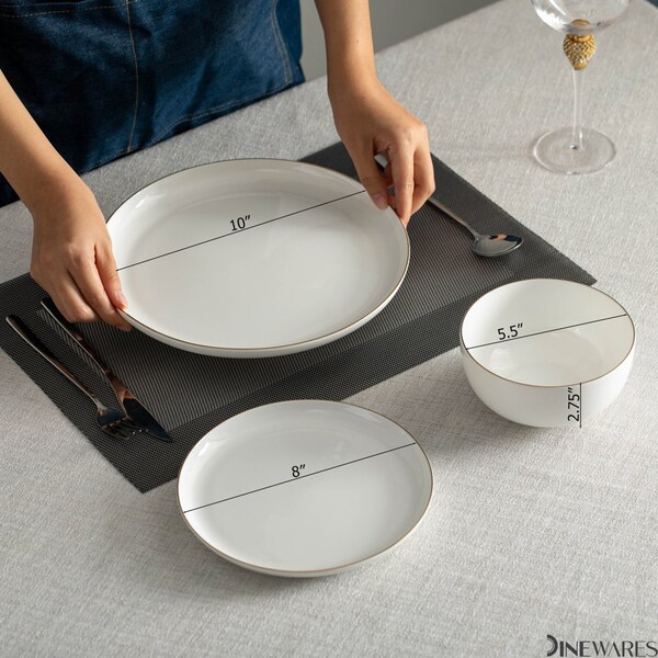 Dinewares Perlaceo Luxurious Collection of 24-Piece White with Gold Rim Bone China Dinnerware Set - - QI004761.24