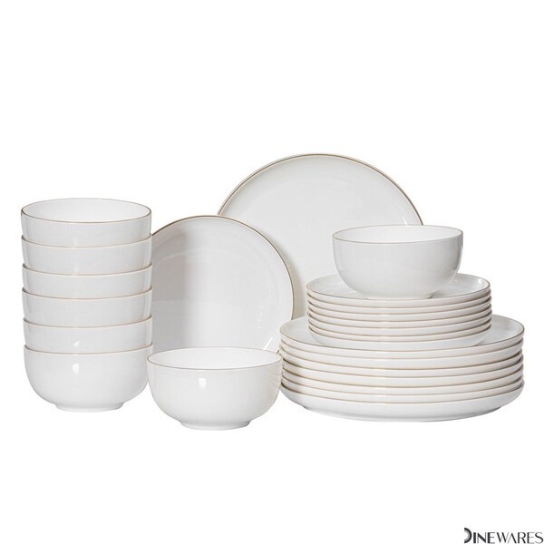 Dinewares Perlaceo Luxurious Collection of 24-Piece White with Gold Rim Bone China Dinnerware Set - - QI004761.24