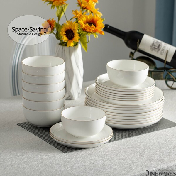 Dinewares Perlaceo Luxurious Collection of 24-Piece White with Gold Rim Bone China Dinnerware Set - - QI004761.24