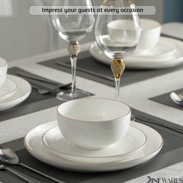 Dinewares Perlaceo Luxurious Collection of 24-Piece White with Gold Rim Bone China Dinnerware Set - - QI004761.24