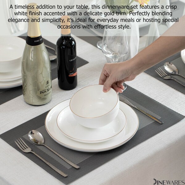 Dinewares Perlaceo Luxurious Collection of 24-Piece White with Gold Rim Bone China Dinnerware Set - - QI004761.24