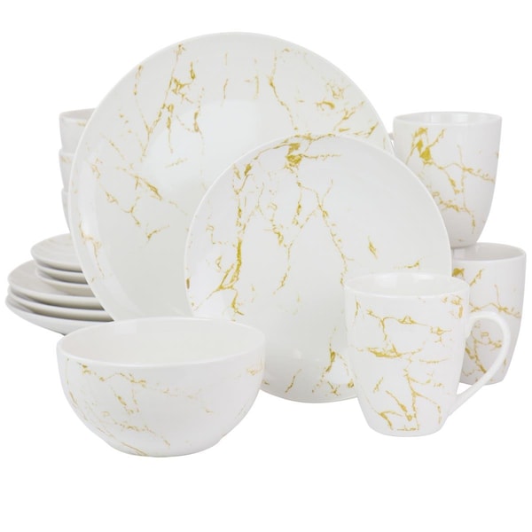 Fastfood Fine Marble Stoneware Dinnerware Set, Gold & White - 16 Piece - FA1829366