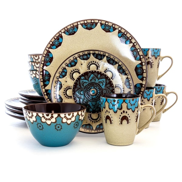 Fastfood Clay Heart Dinnerware Set in Tan & Blue - 16 Piece - FA2451194