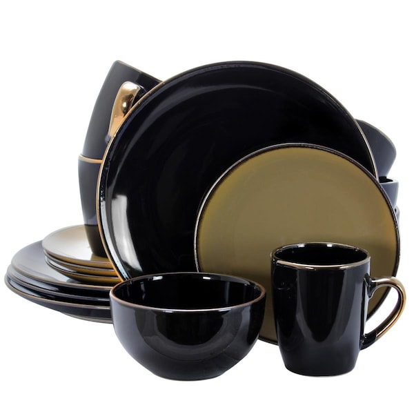 Fastfood 16 Piece Cambridge Grand Dinnerware Set with Complete Setting for 4 - Luxurious Black & Warm Taupe - FA2614986
