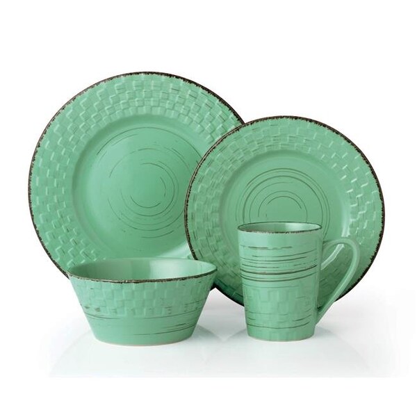 Lorren Home Trends Lorren Home Trends LH517 16 Piece Distressed Weave Dinnerware Set; Green - LH517