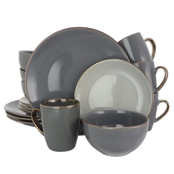 Elama Elama EL-TAHITIANGRAND 16 Piece Tahitian Grand Luxurious Stoneware Dinnerware Set with Complete Setting for 4 - Stone & Slate - EL-TAHITIANGRAND