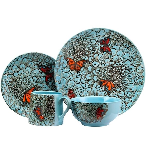 Elama Elama ELM-BUTTERFLY-GARDEN Butterfly Garden 16 Piece Stoneware Dinnerware Set - ELM-BUTTERFLY-GARDEN