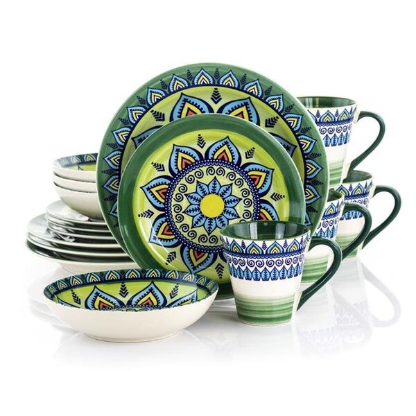 Elama Elama ELM-ZEN-GREEN-MOZAIK Zen Mozaik Luxurious Stoneware Dinnerware with Complete Setting for 4; Green - 16 Piece - ELM-ZEN-GREEN-MOZAIK