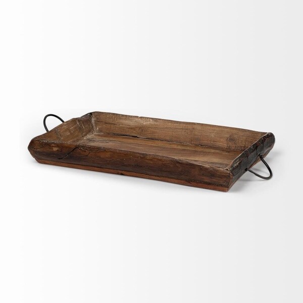 Homeroots S & 2 Medium Brown Recycled Wood with Flaunt Metal Handles Tray - 376040